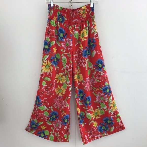 Sienna Sky elastic smocked waist bright floral flown wide leg pull on pants. M… - Picture 1 of 6